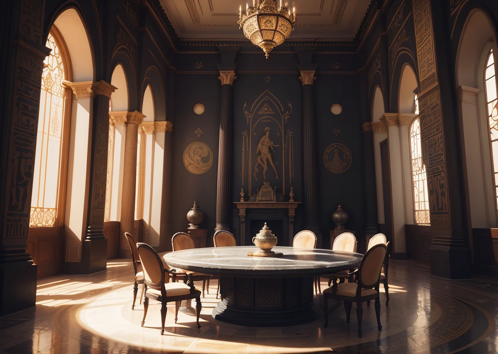 Amazing medieval and luxurious interior in ancient Egyptian style with lotus flowers, hieroglyphs, paredes rochosas, areia, bille, minerais preciosos, metais, pedras preciosas, cristais, clouds and water, ultra luxo, black marble - with beautiful lights, Unreal Engine, QG, 16k. Salão Sempre Claro is a very well lit magical place with a huge round table and windows. The windows overlook many castles, as janelas iluminam todo o ambiente extremamente luxuoso. This is the office of an imposing director.