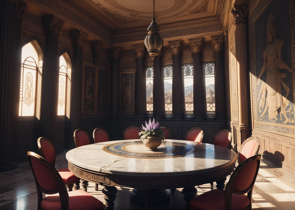 Amazing medieval and luxurious interior in ancient Egyptian style with lotus flowers, hieroglyphs, paredes rochosas, areia, bille, minerais preciosos, metais, pedras preciosas, cristais, clouds and water, ultra luxo, black marble - with beautiful lights, Unreal Engine, QG, 16k. Salão Sempre Claro is a very well lit magical place with a huge round table and windows. The windows overlook many castles, as janelas iluminam todo o ambiente extremamente luxuoso. This is the office of an imposing director.