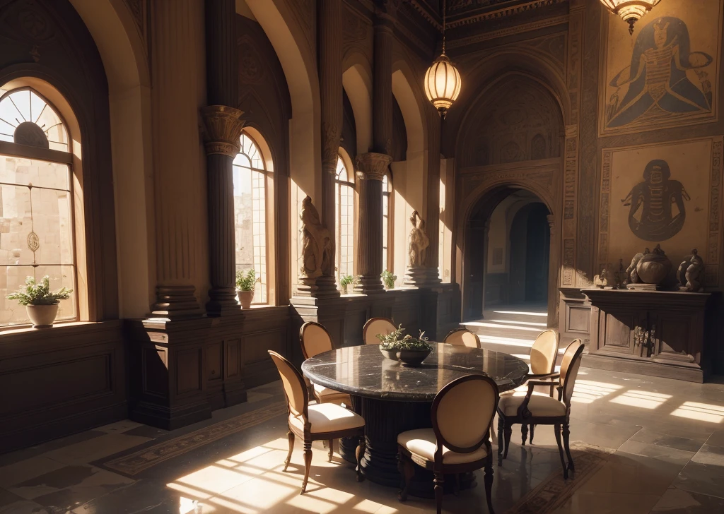 Amazing medieval and luxurious interior in ancient Egyptian style with lotus flowers, hieroglyphs, paredes rochosas, areia, bille, minerais preciosos, metais, pedras preciosas, cristais, clouds and water, ultra luxo, black marble - with beautiful lights, Unreal Engine, QG, 16k. Salão Sempre Claro is a very well lit magical place with a huge round table and windows. The windows overlook many castles, as janelas iluminam todo o ambiente extremamente luxuoso. This is the office of an imposing director.