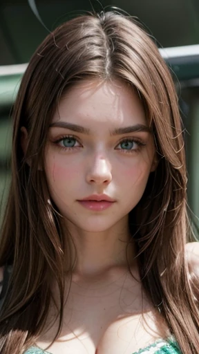 White woman, Brown hair, long hair, Nice hair, Nice face, simetric face, Green eyes, Nice body