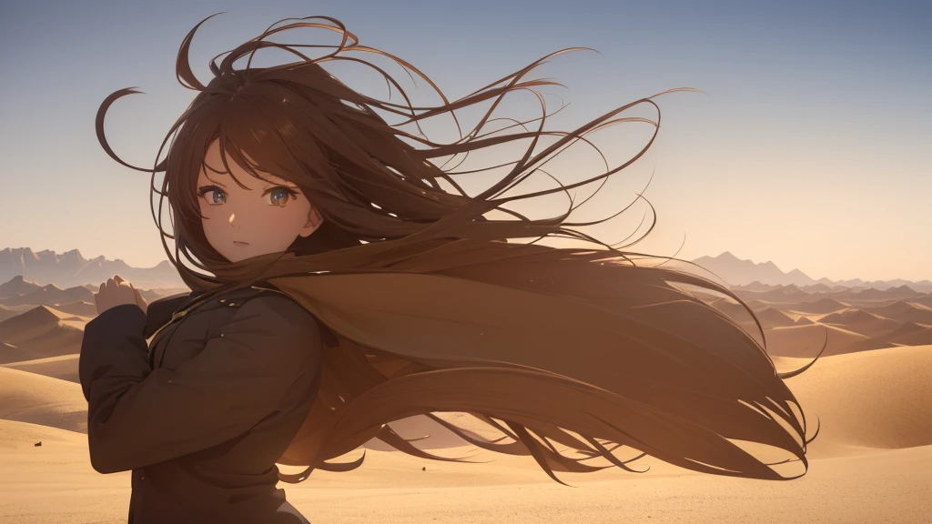 a beautiful anime girl in the middle of a vast desert, (best quality,4k,8k,highres,masterpiece:1.2),ultra-detailed,(realistic,photorealistic,photo-realistic:1.37),extremely detailed eyes and face,longeyelashes,desert landscape, dramatic lighting, dramatic shadows, warm color palette, sand dunes, cactus, blowing wind, mystical atmosphere