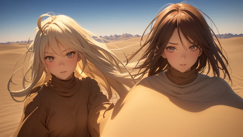 a beautiful anime girl in the middle of a vast desert, (best quality,4k,8k,highres,masterpiece:1.2),ultra-detailed,(realistic,photorealistic,photo-realistic:1.37),extremely detailed eyes and face,longeyelashes,desert landscape, dramatic lighting, dramatic shadows, warm color palette, sand dunes, cactus, blowing wind, mystical atmosphere