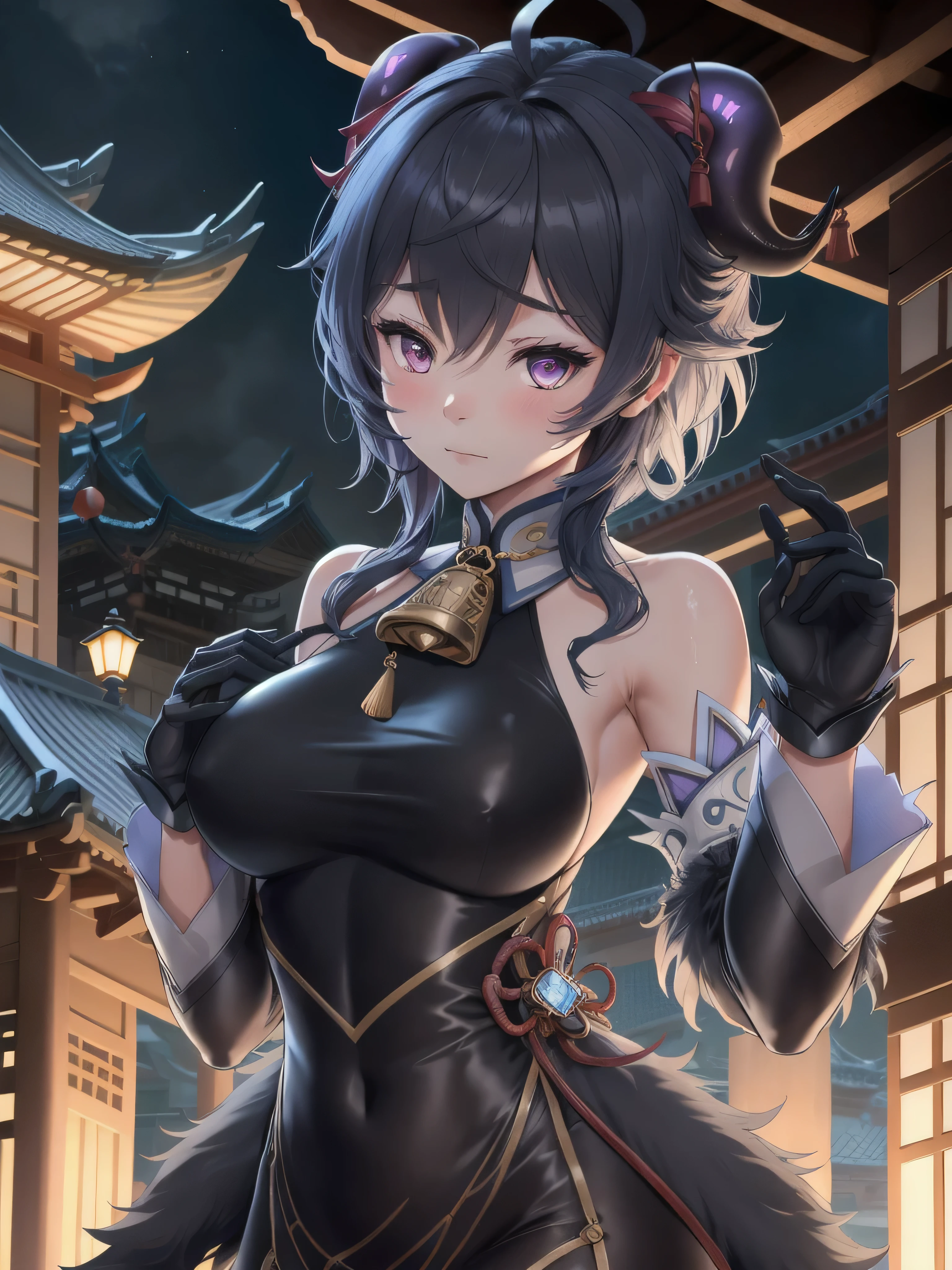 hired \(genshin impact\), 1 girl, He drowned, Architecture, hits, bare shoulders, Bell, black gloves, black shackles, ((blue fur)), blush, old, chinese knot, Separate sleeves, east asian Architecture, flower knot, gloves, horns, wide, looking at the viewer, medium old, neck Bell, evening, outdoor, shackles, purple eyes, Side locks, Alone, tassel, white sleeves, ((masterpiece))