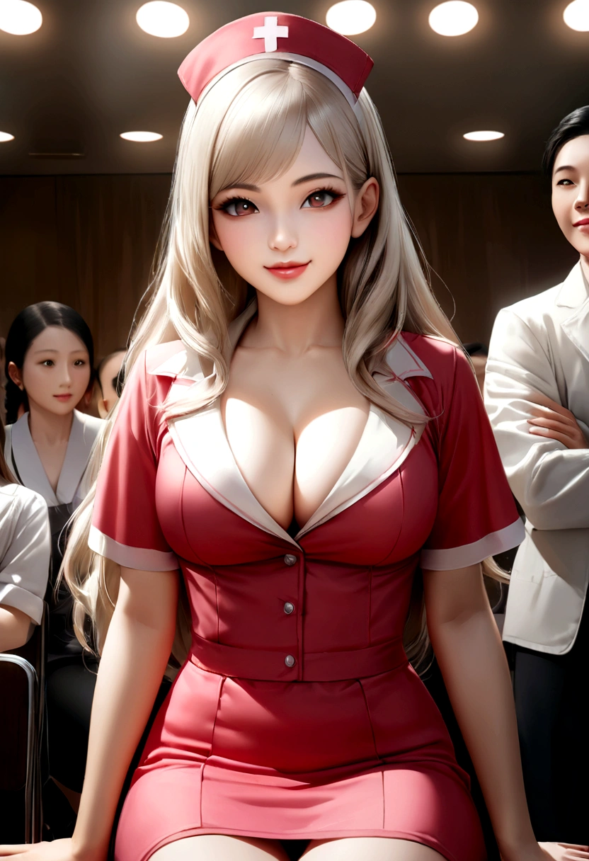 Very detailed CG Unity 8k 壁紙, Highest quality, Very detailed, masterpiece, Realistic, Photo realistic, Very detailedかわいい女の子, 20-year-old , (Cute Nurse Costume ), smile , Round eyes, Large Breasts , Cleavage、The audience is, Half Body Shot , hospital , Sitting , Chapatz Long Hair、bangs
