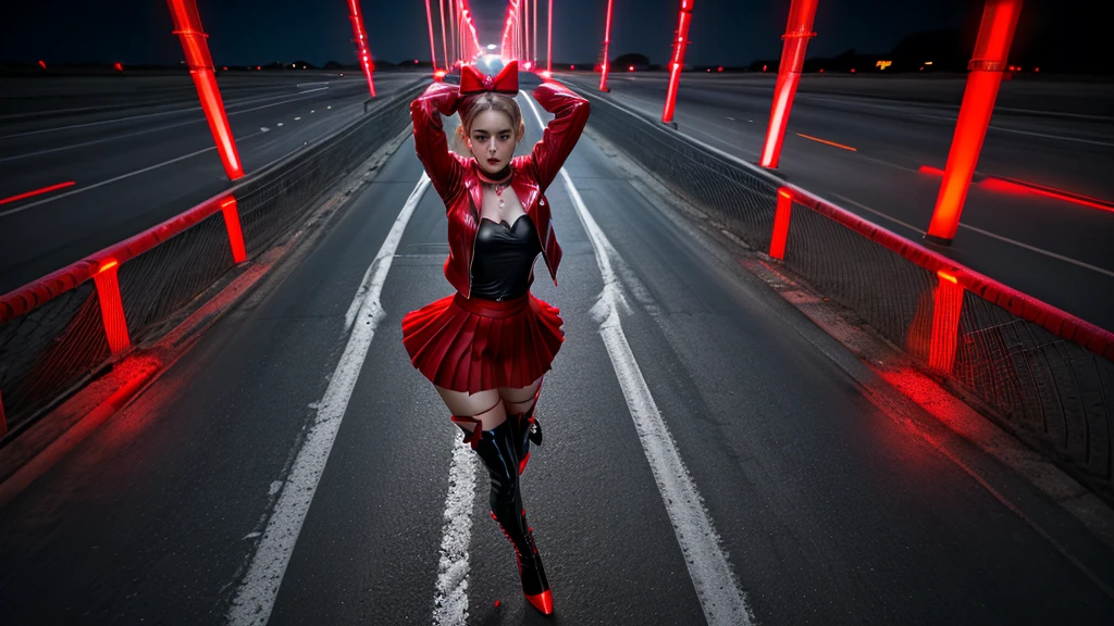 nsfw, red thighhighs, red jacket, pleated skirt, red skirt, long sleeves, choker, red shirt, open jacket, white bow, open clothes, high heel boots, asphalt road, running, eye trails, night sky, neon, from above,ray tracing, acrobatic pose ,