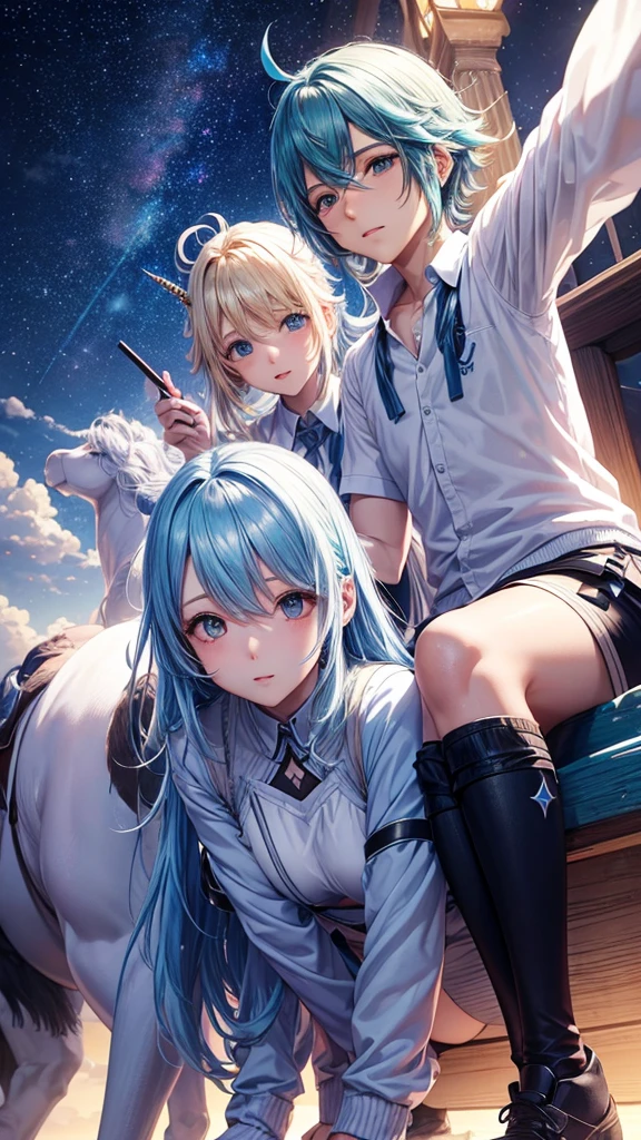 AIBeauty、リアルBeauty、Prompto riding a unicorn、constellation、starry sky zoo、Bra Top、leggings、Light blue hair