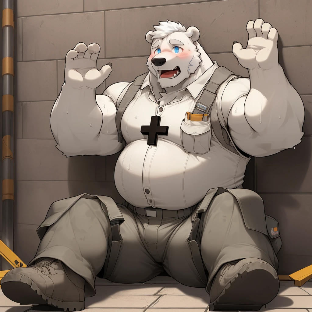 masterpiece, best quality, 8k resolution, Very detailed, hairy，(((polar bear))，(((Mature)))，(((Blue Eyes))，(((beard))),(((Strong)))，(((White hair all over body)))，(((portrait)))，(((White hair)))，(((Construction Site)))，For the audience，(((White vest))),(((Back against the wall)))，(((Open mouth)))，Highest quality scene，(((whole body)))，(((Shameful)))，(((Blushing)))，((( Raise your hands))),(((Legs apart)))，(((sweaty)))，((Fat-enclosed muscle))，(((Round face)))，(((alone)))，(((Strong body)))，(((Hip bulge)))，(((Lifted clothes)))，((sit on the floor))，(((Sitting cross-legged)))，(((Gray cargo pants)))