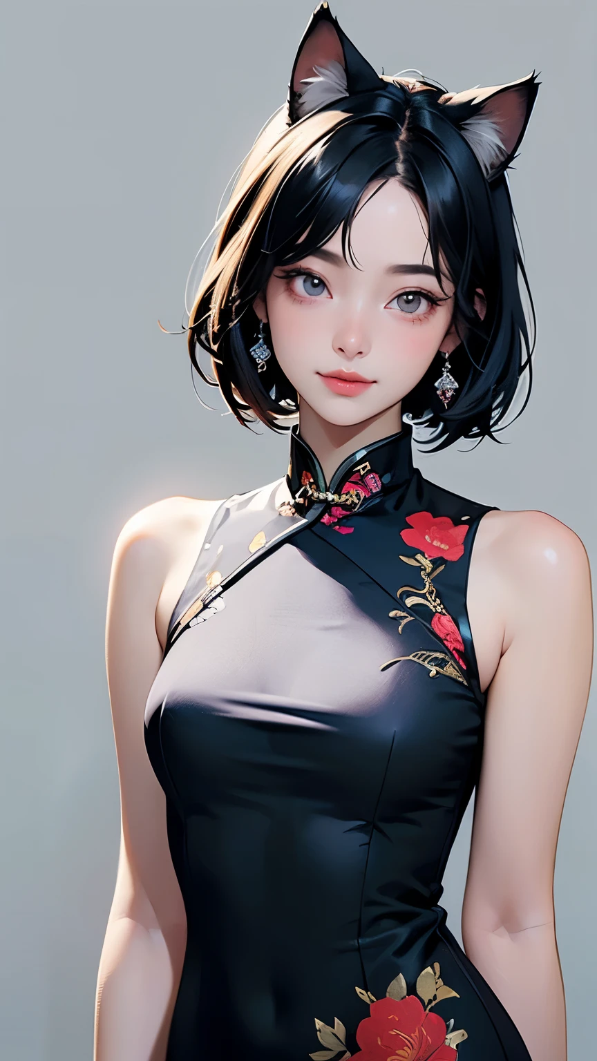 (Highest quality, masterpiece, High resolution)、4K Anime Art、(One girl)、(whole body:1.4)、 (Detailed depiction of a cute face)、Black Hair、short hair、semi-long、Bobcut、Hair Bun、hair ornaments、(Cat ear)、(China dress:1.4)、セクシーなミニChina dress、Captivating smile、Small breasts、Cinematic Light、Soft Light、(indoor、dim、lamp)、(Simple Background)、((Blank Background))、