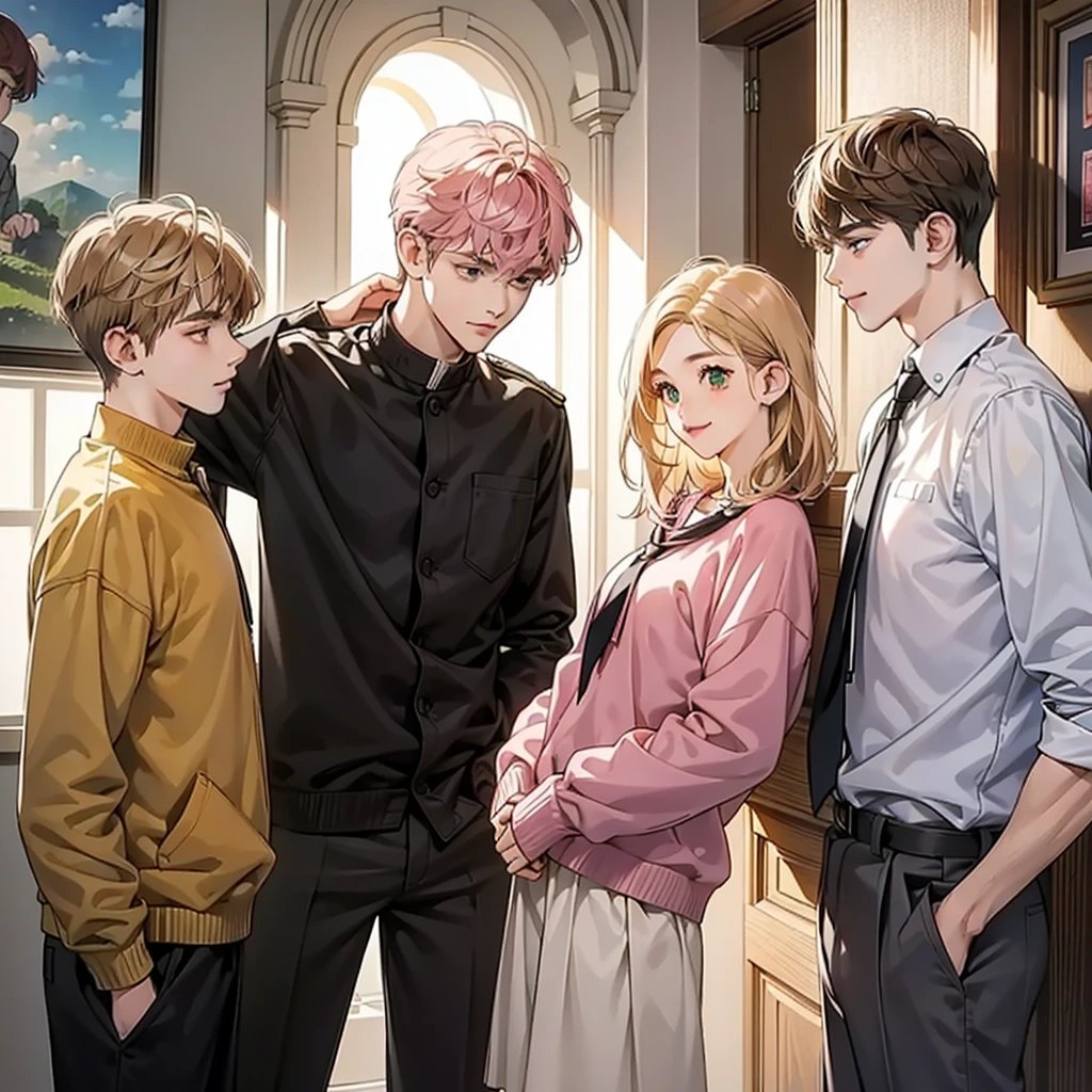 Friends, 3 boys and one girl love, different hair color, short dark pink hair and brown eyes, short blonde hair and green eyes, short brown hair and brown eyes , in the school, side by side, cool, blonde hair boy is the tallest, light uniform, smile, white clothe