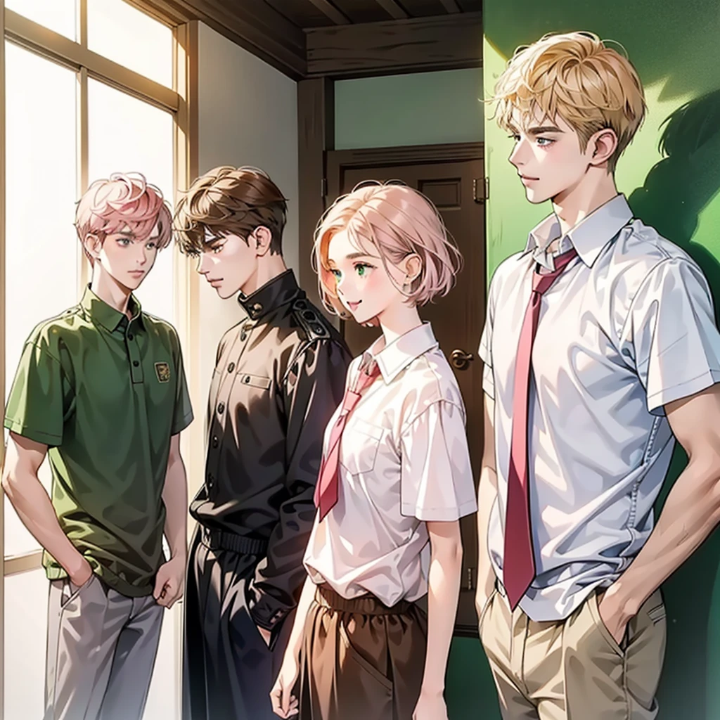 Friends, 3 boys and one girl love, different hair color, short dark pink hair and brown eyes, short blonde hair and green eyes, short brown hair and brown eyes , in the school, side by side, cool, blonde hair boy is the tallest, light uniform, smile, white clothe