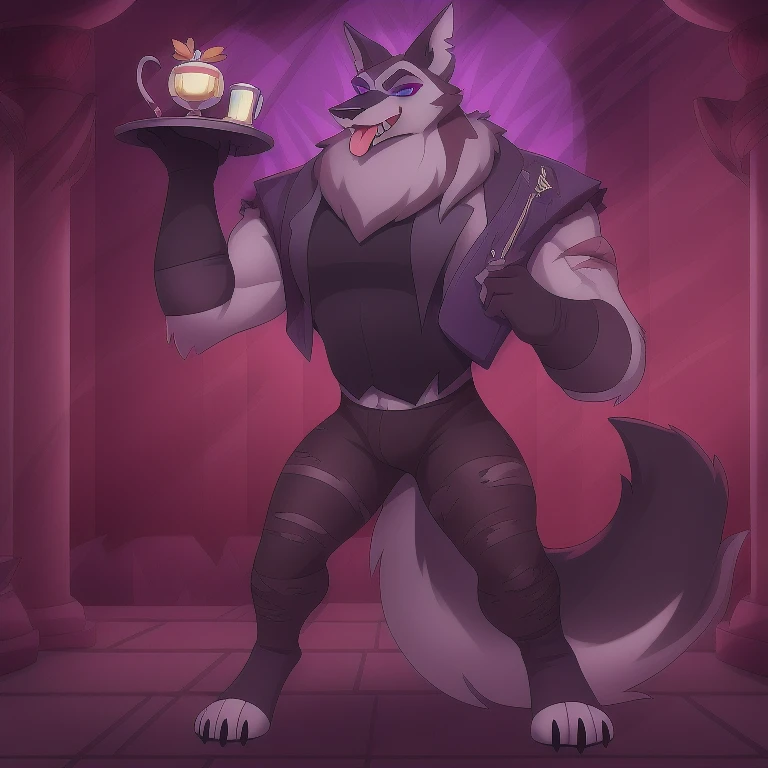 by zinfyu, detailed background, vortex \(helluva boss\), hellhound, grey body, grey fur, vortexgoetia, male, solo, absurd res, digitigrade, scar, vortexdrip, latex clothes, hypnotized with completely glowing purple eyes with no irises or pupils, tongue out, carrying a tray with limonade, temple background