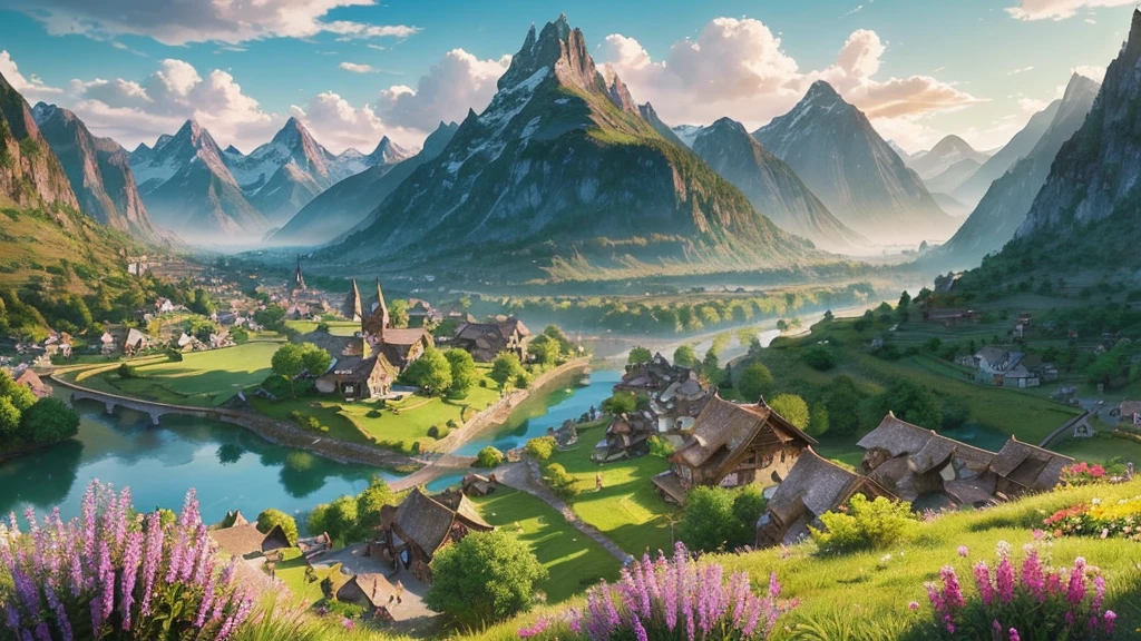 "A highly detailed and breathtaking fantasy world, with towering snow-capped mountains in the distance, surrounded by lush green fields and forests. A winding river cuts through the vibrant landscape, leading to a quaint village nestled in a valley. The village has charming thatched-roof cottages and a central plaza with a grand fountain. Magical floating islands drift lazily in the sky above, their surfaces covered in ethereal glowing flora. Rays of golden sunlight filter through wispy clouds, casting a warm inviting glow over the entire scene. This world should evoke a sense of wonder, magic, and endless possibilities, perfect as a captivating backdrop for a VTuber's adventures."