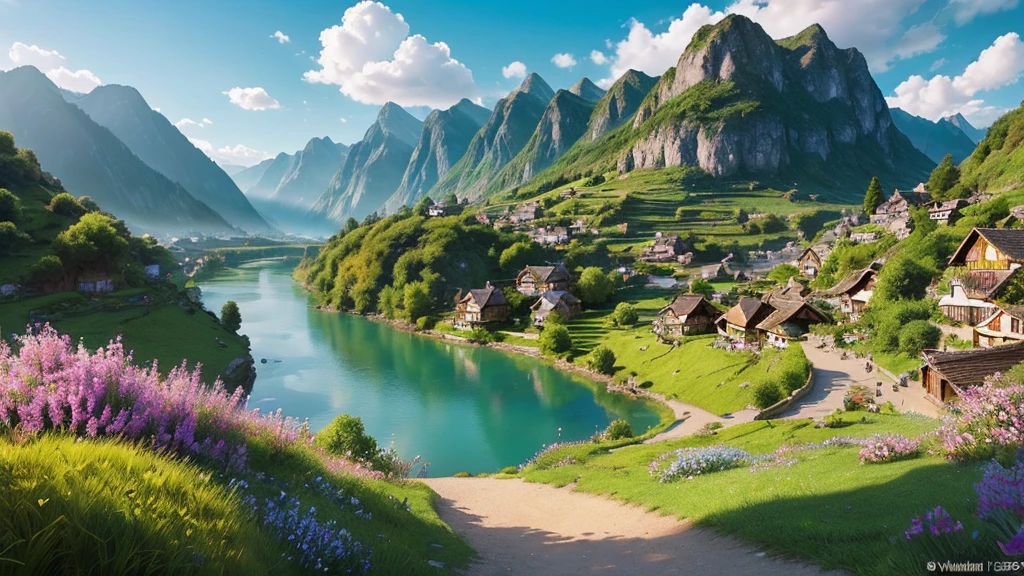 "A highly detailed and breathtaking fantasy world, with towering snow-capped mountains in the distance, surrounded by lush green fields and forests. A winding river cuts through the vibrant landscape, leading to a quaint village nestled in a valley. The village has charming thatched-roof cottages and a central plaza with a grand fountain. Magical floating islands drift lazily in the sky above, their surfaces covered in ethereal glowing flora. Rays of golden sunlight filter through wispy clouds, casting a warm inviting glow over the entire scene. This world should evoke a sense of wonder, magic, and endless possibilities, perfect as a captivating backdrop for a VTuber's adventures."