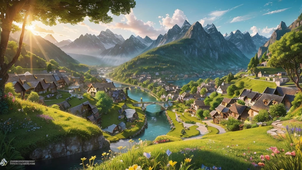 "A highly detailed and breathtaking fantasy world, with towering snow-capped mountains in the distance, surrounded by lush green fields and forests. A winding river cuts through the vibrant landscape, leading to a quaint village nestled in a valley. The village has charming thatched-roof cottages and a central plaza with a grand fountain. Magical floating islands drift lazily in the sky above, their surfaces covered in ethereal glowing flora. Rays of golden sunlight filter through wispy clouds, casting a warm inviting glow over the entire scene. This world should evoke a sense of wonder, magic, and endless possibilities, perfect as a captivating backdrop for a VTuber's adventures."