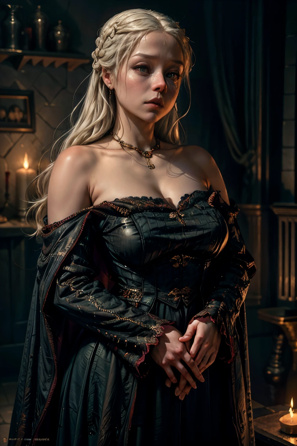 rhaenyra targaryen, beautiful detailed eyes, beautiful detailed lips, long eyelashes, curvy figure, low-cut dress, seductive pose, dramatic lighting, cinematic, muted color palette, intricate details, oil painting, masterpiece, ultra-detailed, photorealistic, vibrant colors, dramatic chiaroscuro, classical portraiture