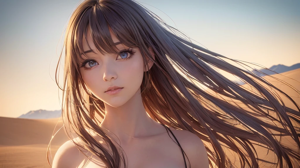 a beautiful anime girl in the middle of a vast desert, (best quality,4k,8k,highres,masterpiece:1.2),ultra-detailed,(realistic,photorealistic,photo-realistic:1.37),extremely detailed eyes and face,longeyelashes,desert landscape, dramatic lighting, dramatic shadows, warm color palette, sand dunes, cactus, blowing wind, mystical atmosphere