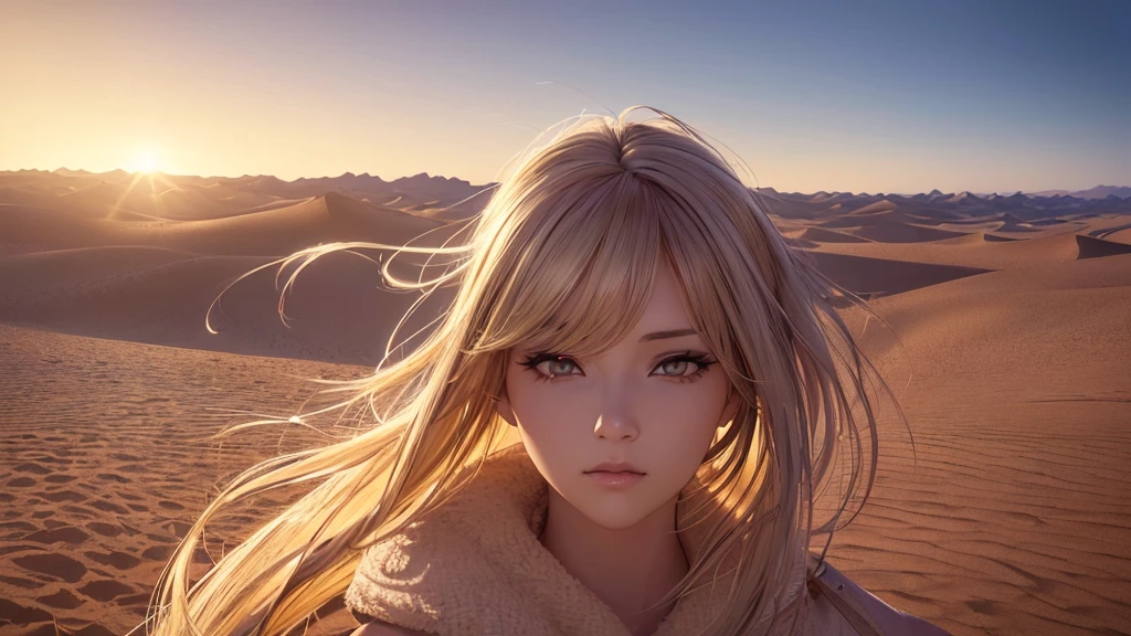 a beautiful anime girl in the middle of a vast desert, (best quality,4k,8k,highres,masterpiece:1.2),ultra-detailed,(realistic,photorealistic,photo-realistic:1.37),extremely detailed eyes and face,longeyelashes,desert landscape, dramatic lighting, dramatic shadows, warm color palette, sand dunes, cactus, blowing wind, mystical atmosphere