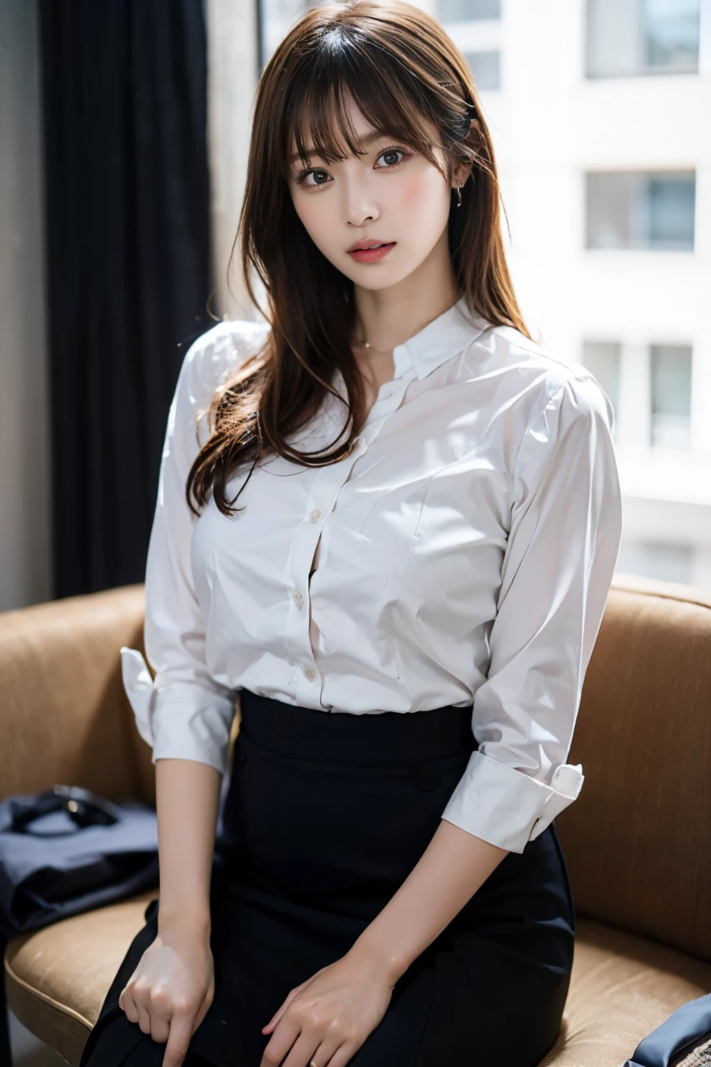 An elegant, upper-class, elite secretary in a business shirt, Working in the office、Wearing a suit, Wearing pantyhose、Wear high-quality high heels、 Girl in a blouse, Businesswoman, Business Wear, 青いWearing a suit, Wear a tight skirt, RAW Photos, (8K、Highest quality、masterpiece:1.2)、(Intricate details:1.4)、(Photorealistic:1.4)、Octane Rendering、Highly detailed and intricate 3D rendering, Big city office district, Rim Light, Crisp details, Super detailed, Realistic skin texture, Detailed aspect, Beautiful attention to detail, (Detailed Background:1.2), Exposed thighs!!!,(Open Leg 1.5).Panties Pensive Lingerie), The fourth button on her blouse is open, Exposed Skin, Protruding nipples.