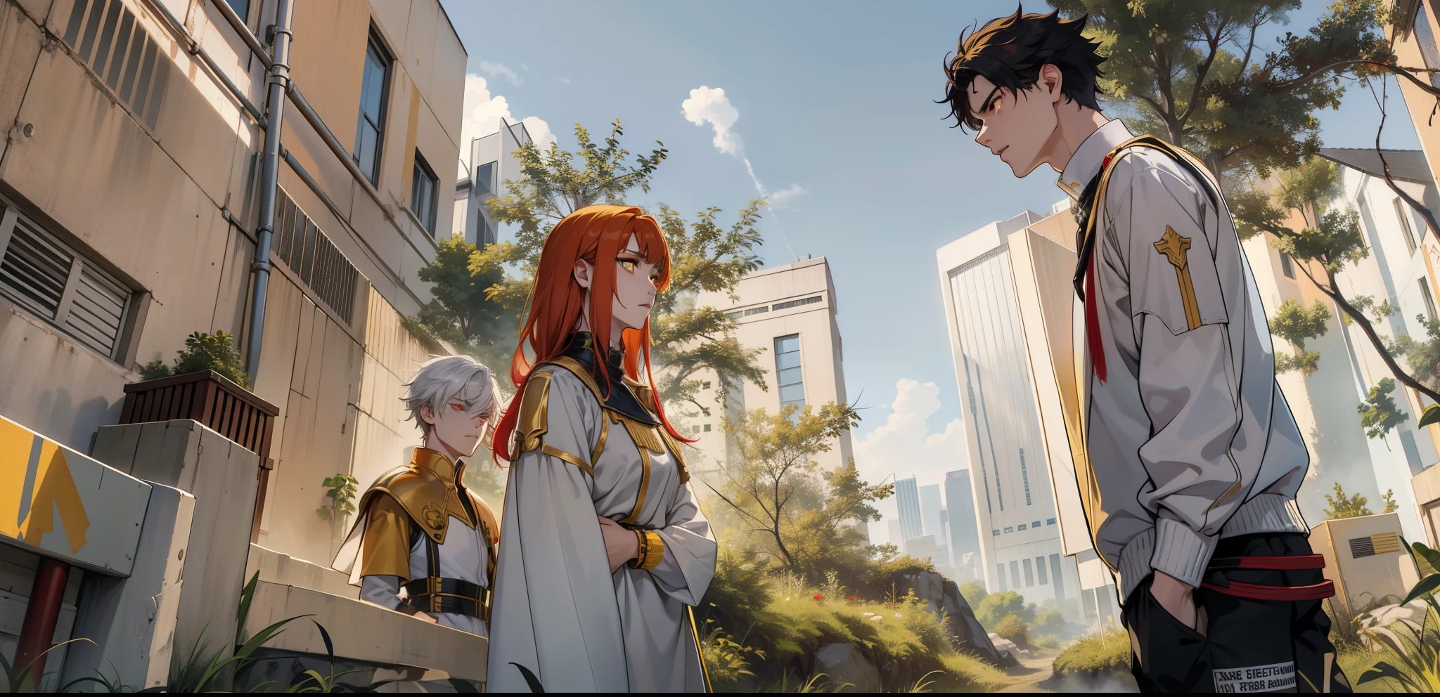 they are both talking ,  she speaks the speech there is a boy with white hair, yellow eyes and a girl with red hair and red eyes they are talking seriously worried about an important delicate topic, You have black clothes with yellow lines and they have golden collars and golden shoulder pads.