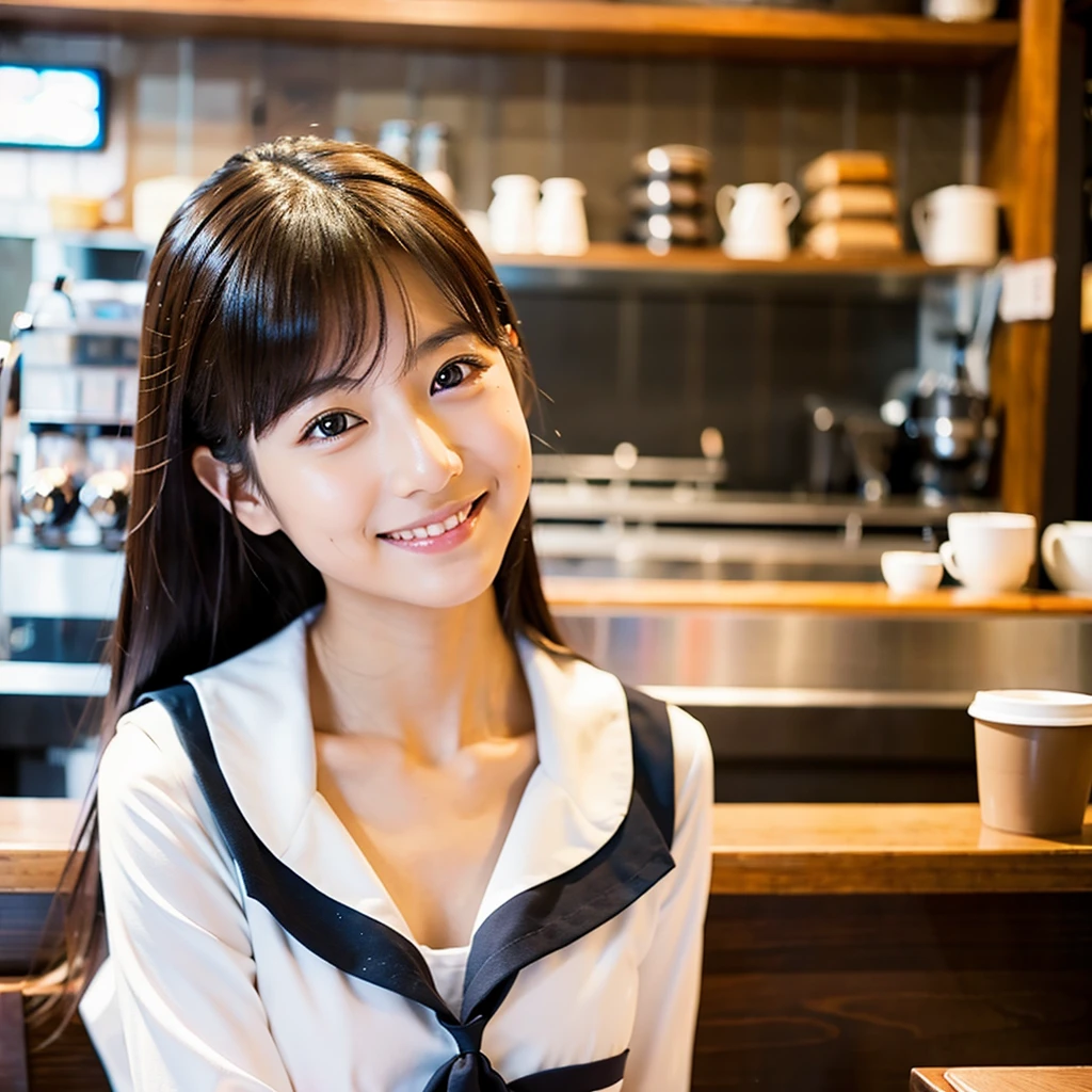 One girl, alone, Hand on the bed phone,Smileみ, (Super Masterpiece), (Realistic), (Ultra fine), (beautiful), Studying in a coffee shop, とてもbeautifulLong face顔, Japanese Model, clavicle, Big eyes, Black brown hair, Standing, Standing全身, Smile, Full body photo, Long face, Sailor suit girl, I'm playing the betphone