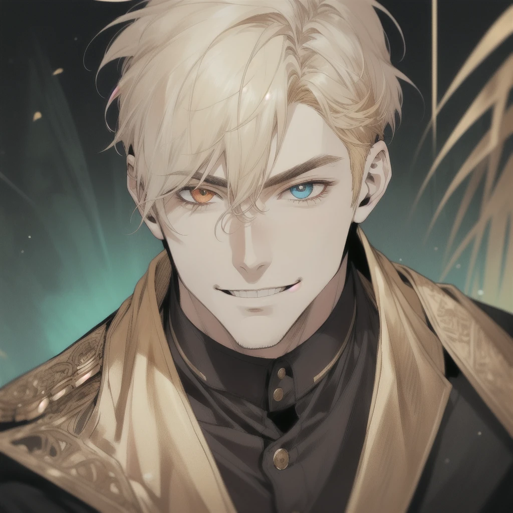 masterpiece, best quality, realistic, 1man, mature man, muscular tall, handsome, smile, closed mouth, portrait, extremely detailed face, (short hair), (golden hair), (heterochromia in eyes)
