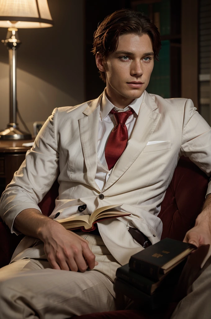 a handsome man, 25 years old, in a white suit, red necktie, sitting down on a red chair reading a book, extremely detailed face, beautiful blue eyes, red hair, detailed portrait of a calm librarian, inspired by Ushiromiya Battler and Kinzo, young Cillian Murphy's facial features, call of cthulhu style, photorealistic, dramatic lighting, chiaroscuro, cinematic composition, intricate details, vibrant color palette, cheerful atmosphere