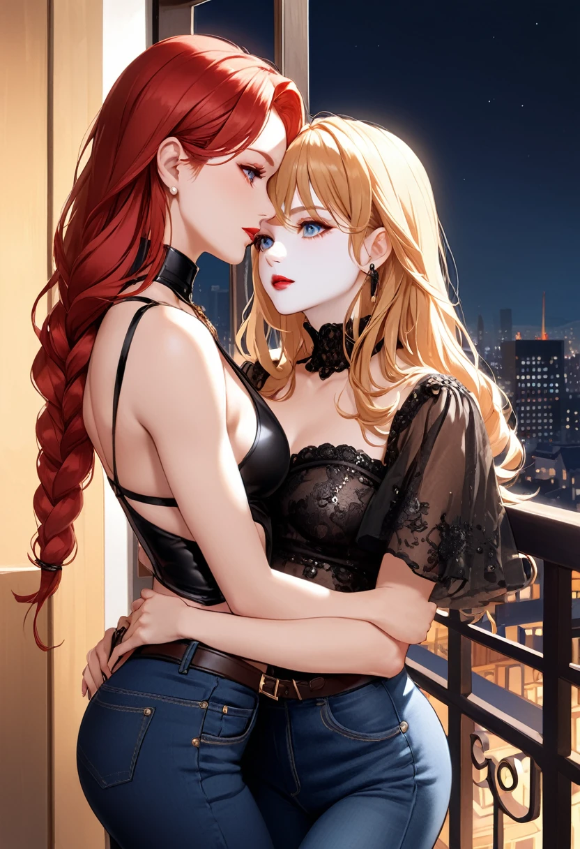 Two beautiful women with long braided red hair and mid wavy blond hair, respectivetly, with blue eyes wearing a Blue Tight Jeans Skirt With Black Leather Belt, a Sexy Criss Cross Mock Neck Mid Sleeves Blouse, ((luxurious jewelry)), standing in a balcony at night, hugging closely and kissing each other (white skin), (red lipstick), (elegant mascara), (muscular body with abs), (small breasts) midjourney, <lora:GoodHands-, <lora:GoodLegs-, UHD, high resolution, (masterpiece:1.1, best quality), (expressive eyes, perfect face, full body, expressive face, perfect body, athletic, fit, slim body, blushing, Perfect makeup, eyeliner, beautiful eyelashes, smiling, horny face), ((Red Blouse)), ((Black Blouse)), ((best illumination, best shadows)), ((lesbian kiss)), ((grabbing each other's ass))