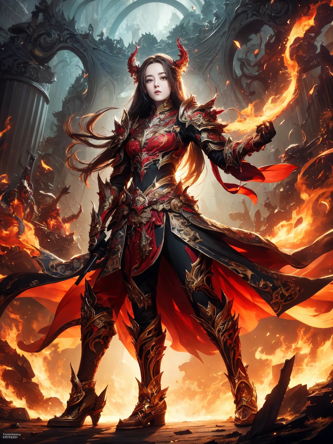 ((Full body shot)), ((Low angle view)), ((Detailed background)), ((Battlefield, group of armies)), (masterpiece, top quality, best quality, official art, beautiful and aesthetic:1.2), (1girl),craft a Hyper-realistic portrayal of a futuristic (1girl1.2), (beautiful Dilireba), beautiful character donned in intricate armor surrounded by captivating flames, an epic long (sword:1.2), Dynamic pose, Random pose, Dynamic angle, battle stance, Meticulous details capture the intense fusion of tradition and innovation in this visually stunning composition. Trending on Artstation. Perfect lighting,,