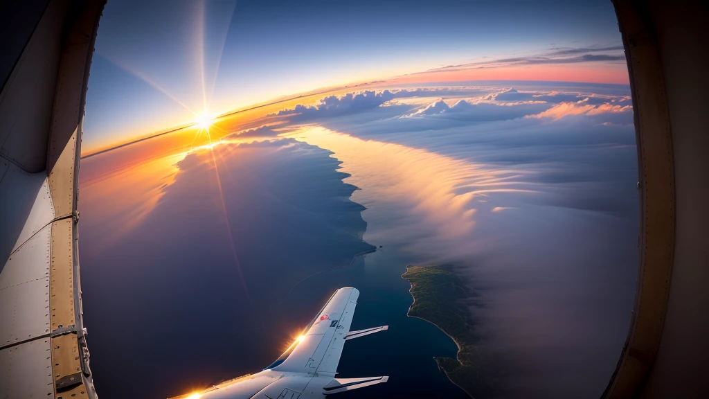 arafed view of a plane wing with a crescent in the sky, airplane window view, airplane view, the sky is beautiful and clear, in the sky, seen from a plane, in the air, breathtaking shot, flying in the sky, flying through the sky, plane light, sky view, spaceship window, flying through sunset, beautiful angle, window view