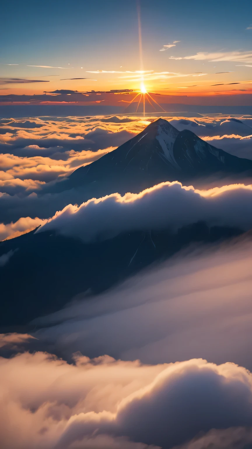In the twilight sky, Climb to the top of the mountain、Mountain々Enjoy the magnificent sea of clouds. You can see the sea of clouds, Infinite clouds and the mountain above them々Peak々. The sun emits a golden light. Clouds floating at dawn, Mountain peaks visible through the clouds