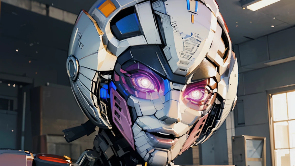 ROTB_Arcee, 1 girl, smile, robot, mecha, (bright Eyes:1.2), face reference, face focus, front of face, portrait, face reference, head on , looking at the viewer. viendo head on, full face, bust from chest up