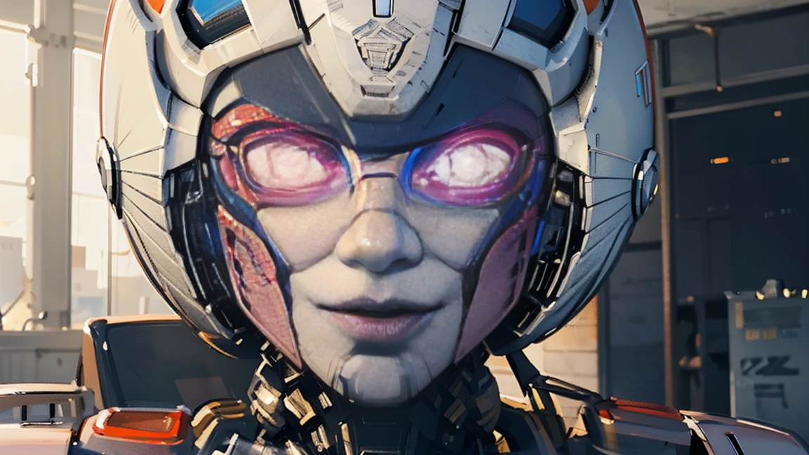 ROTB_Arcee, 1 girl, smile, robot, mecha, (bright Eyes:1.2), face reference, face focus, front of face, portrait, face reference, head on , looking at the viewer. viendo head on, full face, bust from chest up