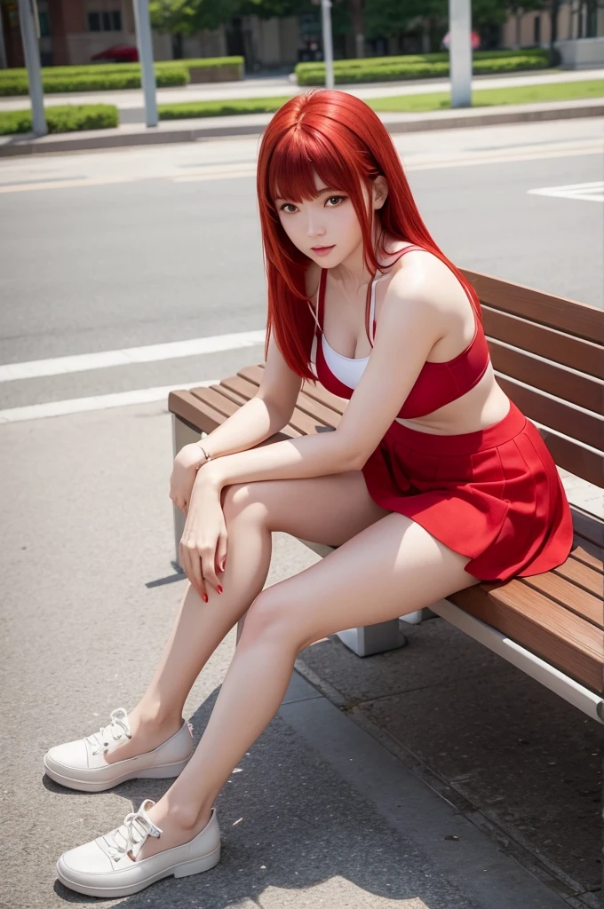 generate an image of a woman with straight red hair with bangs, she must wear a red skirt and a white bikini, she is sitting on a bench in the square one piece animation 