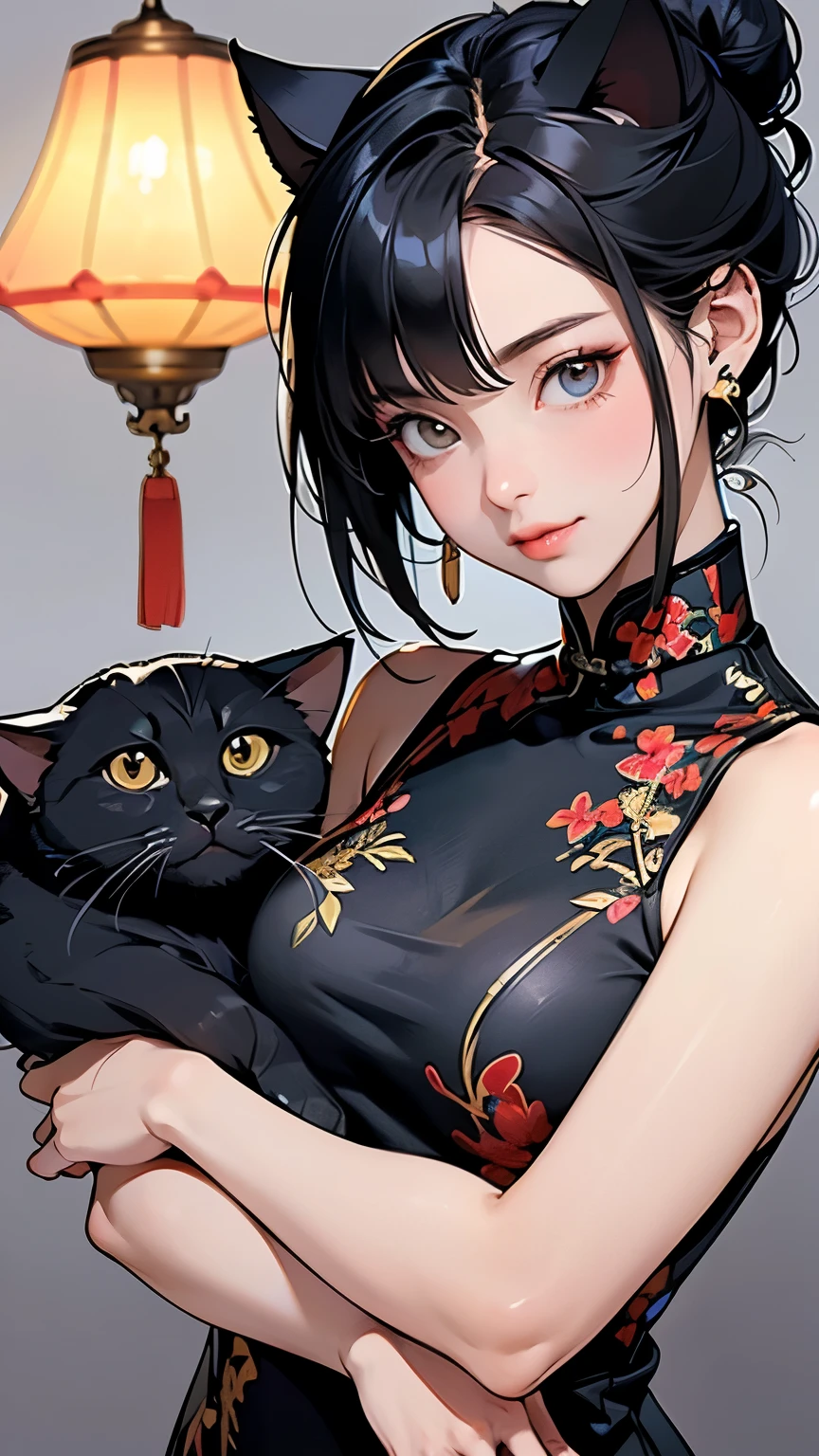 (Highest quality, masterpiece, High resolution)、4K Anime Art、(One girl)、(whole body:1.4)、 (Detailed depiction of a cute face)、Black Hair、short hair、semi-long、Bobcut、Hair Bun、hair ornaments、(Cat ear)、(China dress:1.4)、セクシーなミニChina dress、Captivating smile、Small breasts、Cinematic Light、Soft Light、(indoor、dim、lamp)、(Simple Background)、((Blank Background))、