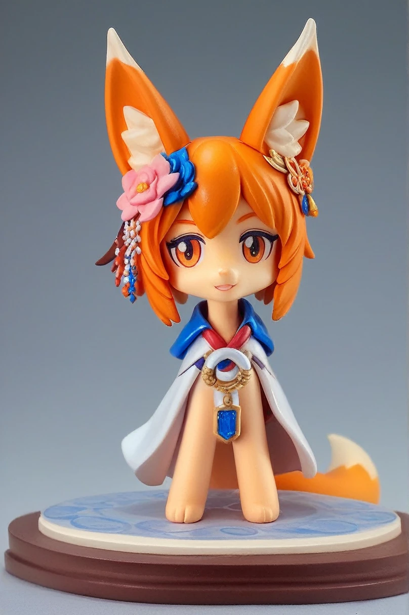 (pvc figure style:1.4), figure, (best quality, masterpiece) 1girl, sen, animal ears, tail, fox ears, fox girl, fox tail, hair flower, hair ornament, orange eyes, orange hair, short hair, portrait of vin, beautiful, traditional media, basic background, blurry background, cowboy shoot:1.3, (foggy background, inside, clear room, on table:1.2)
