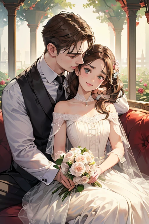 (masutepiece, Digital Art, Digital Illustration, 4K, 8K, Ultra-detailed, beautiful image, Sharp Image, Photorealistic, Raw photo, Perfect face, Perfect lines, Perfect eyes, Soft lighting) 1 woman, (lightbrown hair,Chignon Hair,Innocent look,drooping eyebrows,drooing eyes,with round face,Round jaws、Innocence,cute little,big eye,natural make up,kindly smile,E-cup,23 y-o woman:1.3),Two handsome men in suits, (ember,Men in suits,well-muscled,Firm shoulder width, mannish hairstyle,Man in his 30s with a cool expression,28-year-old man with bright smile:1.2),A garden full of light、lots of flower、The fountain、colorful flower、(embarrassed from,Shy smile,bouquet of haze:1.2),Antique sofa,Resort Sofa,the kiss、kiss、a couple、couple kissing、Romance、weddingdress、Wedding、Kiss of vows