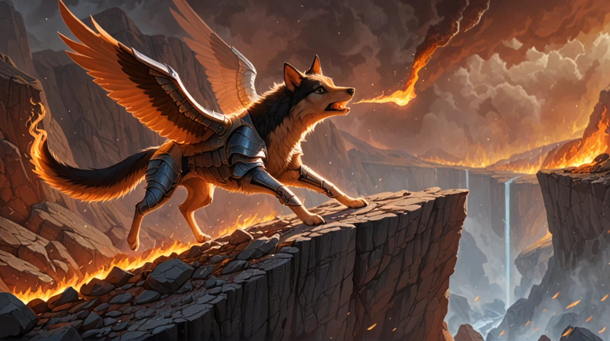 high quality, masterpiece,digital media \(artwork\),
a feral canine flying on the edge of a cliff with a lot of rocks scattered around, wings, (armor:1.1), detailed fur, fire breathing