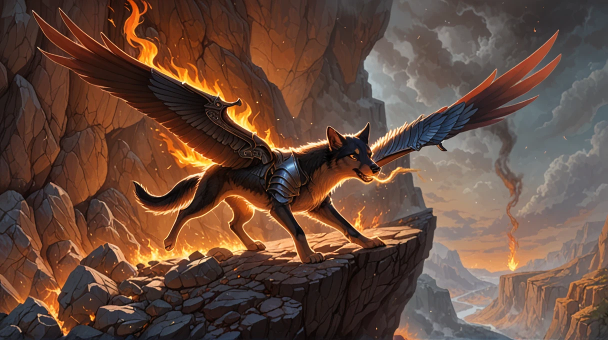 high quality, masterpiece,digital media \(artwork\),
a feral canine flying on the edge of a cliff with a lot of rocks scattered around, wings, (armor:1.1), detailed fur, fire breathing