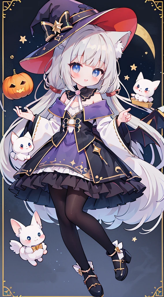 female、Angel costume，angel hall，vampire,light blue eyes、Wear Mary Jane shoes，The shoes have a pair of small wings.,There is a talisman paper on the head，bijouterie，Pose for a photo，long hair、wavy hair，canine，shy，blush，Hot，Halloween，shooting star background、masterpiece、Best image quality、top quality、Witch Suit、witch hat、超long hair，fox ears，gray hair，(Black pantyhose)，blue eyes、exquisite eyes、Beautiful girl、Chubby cheeks、Cute dress、puffy sleeves、Ruffled skirt、pink ribbon、cute、change、black leg ring，off shoulder strap changeta,