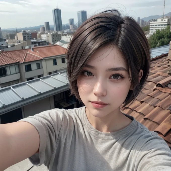 Woman, short gray hair, sidecut, taking selfie on the roof