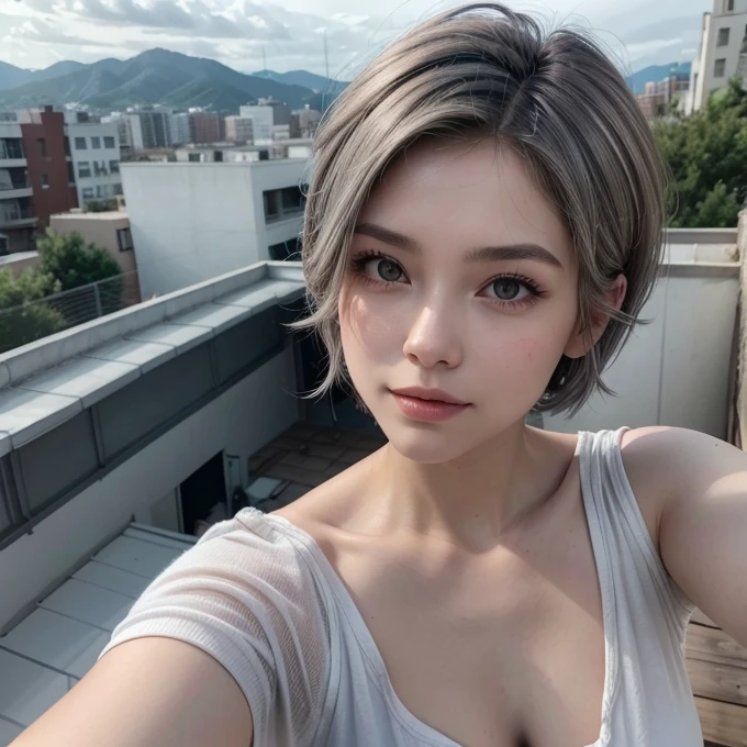 Woman, short gray hair, sidecut, taking selfie on the roof