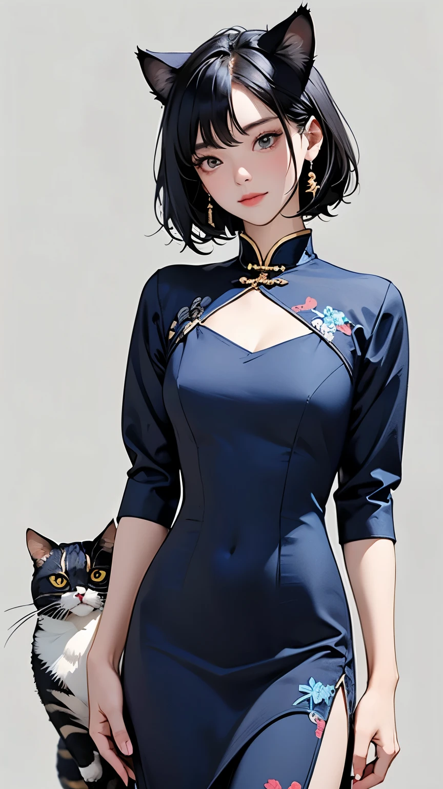 (Highest quality, masterpiece, High resolution)、4K Anime Art、(One girl)、(whole body:1.4)、 (Detailed depiction of a cute face)、Black Hair、short hair、semi-long、Bobcut、Hair Bun、hair ornaments、(Cat ear)、(China dress:1.4)、セクシーなミニChina dress、Captivating smile、Small breasts、Cinematic Light、Soft Light、(indoor、dim、lamp)、(Simple Background)、((Blank Background))、