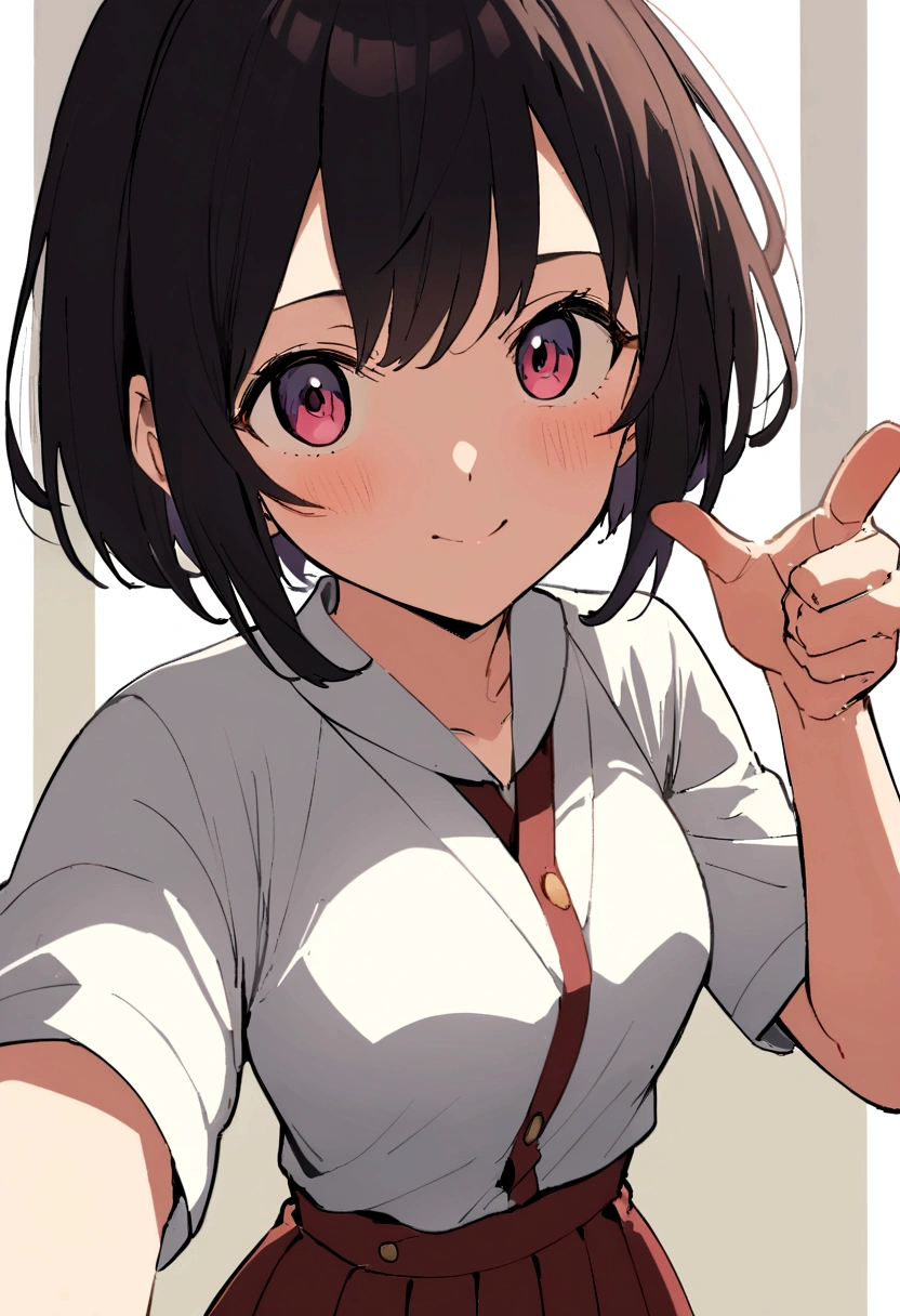 ((Best Quality)), ((masterpiece)), (a girl wearing a japanese student uniform, one of his hands is placed on his waist while the other is pointing towards the viewer with a thumbs up gesture, anime style, short sleeve, perspective in 3/4), ((1 hand on the waist)), (skirt), (short hair), ((student))