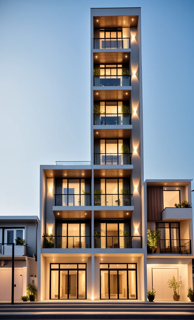 Perspective of a modern house with a large enough front yard, main materials are light yellow walls, stone and wood, a road running in front of the house, (RAW photo, real, best quality, masterpiece: 1.2), current view modern minimalist, 1 street in front of house, shime ring light, indoor brightness:1.2, dynamic lighting:1.3, (hyper-realistic, photo-realistic:1.2), high quality, daylight, contrast high:0.5 perfect light, Archdaily, contemporary masterpiece award, award winning contemporary, beautifully designed masterpiece, spacious modern mansion, modern neo-traditional, wide angle exterior 2022 , mid-century modern, contemporary home, stylish modern feel, long front view, award-winning modern design, stunning lines, residential, exquisite details, indoors gently:1.3