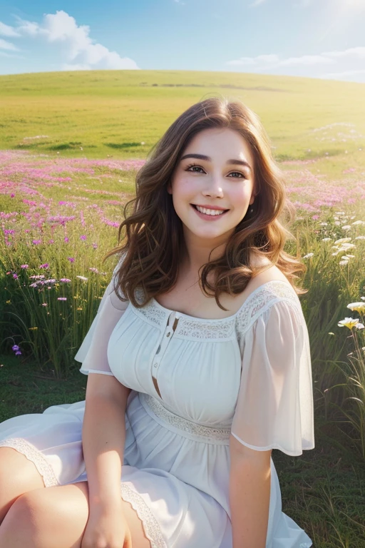 a chubby girl, 1girl, detailed face, beautiful eyes, big nose, full lips, detailed skin, wavy brown hair, cute expression, happy, smiling, wearing a casual white dress, sitting on the grass in a field, surrounded by flowers, sunlight, (best quality,4k,8k,highres,masterpiece:1.2),ultra-detailed,(realistic,photorealistic,photo-realistic:1.37),vibrant colors, natural lighting, serene landscape, dynamic composition