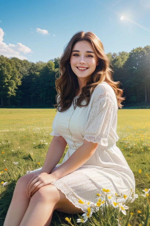 a chubby girl, 1girl, detailed face, beautiful eyes, big nose, full lips, detailed skin, wavy brown hair, cute expression, happy, smiling, wearing a casual white dress, sitting on the grass in a field, surrounded by flowers, sunlight, (best quality,4k,8k,highres,masterpiece:1.2),ultra-detailed,(realistic,photorealistic,photo-realistic:1.37),vibrant colors, natural lighting, serene landscape, dynamic composition