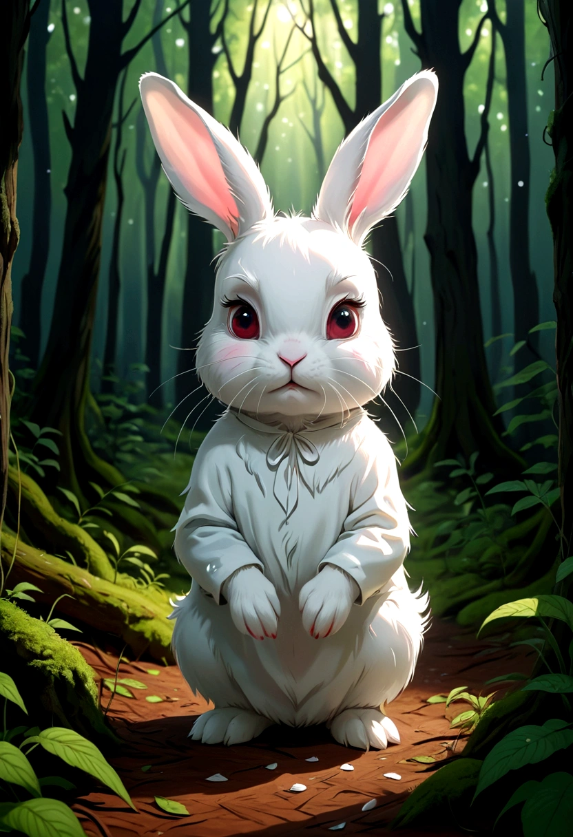 In the forest,A small white rabbit,Rubbing eyes and crying,HD 8k
