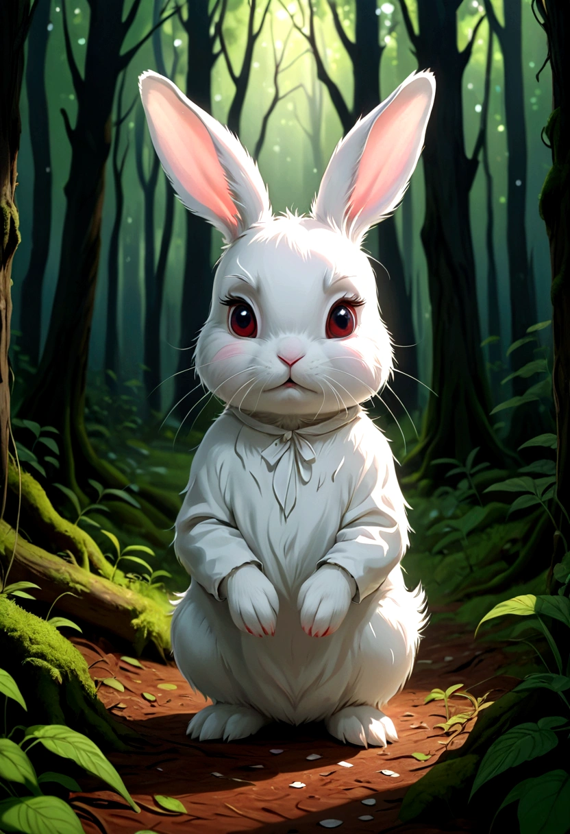 In the forest,A small white rabbit,Rubbing eyes and crying,HD 8k