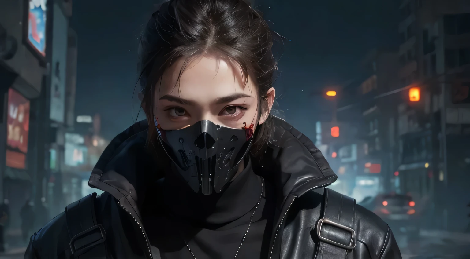 masterpiece,4K,Human Development Report, wallpaper,Dark Skull Face,black eyes,Cyberpunk,Samurai sword,fear,mask, More blood
