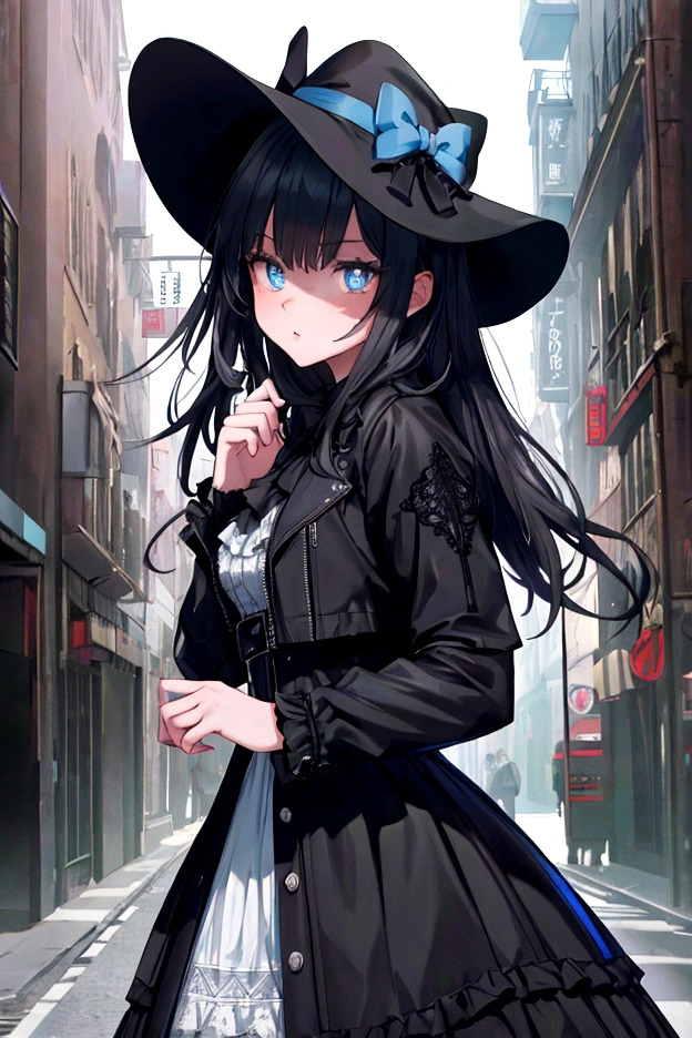 (black riders jacket:1.1), (masterpiece, best quality, pretty girl, beautiful face, 8k, raw photo, photorealistic, absurdres:1.2), teens, cowboy shot, dutch angle, facelight, film grain, chromatic aberration, highres, ultra detailed, finely detail, light blue frilled lace dress, detailed skin and eyes and face, sharp pupils, realistic pupils, sharp focus, street